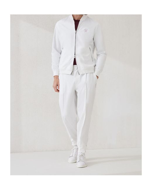 Brunello Cucinelli White Logo Printed Zipped Sweatshirt for men