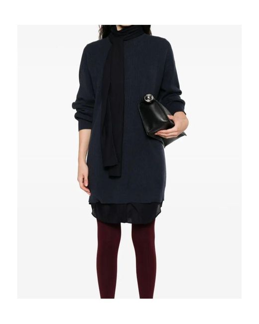Brunello Cucinelli Blue Ribbed Tie-Neck Dress