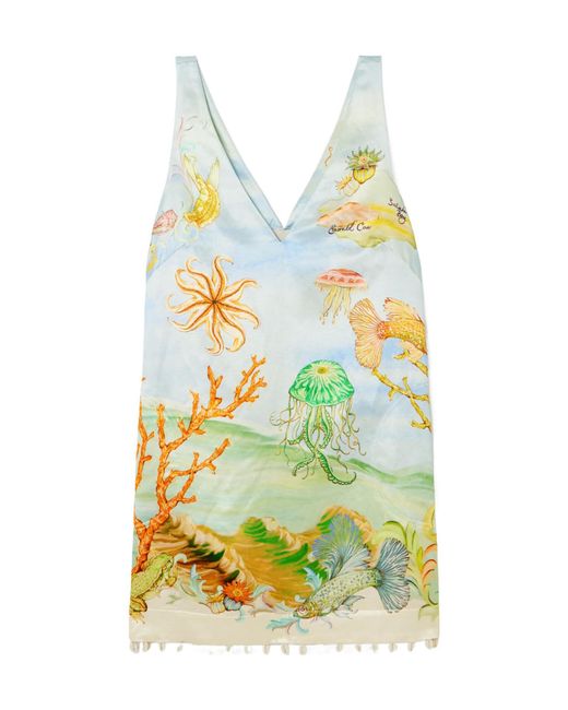 ALÉMAIS Yellow Embellished Printed Hemp And Silk-Blend Mini Dress