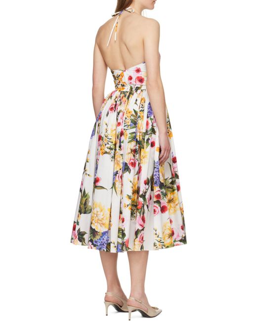 Dolce & Gabbana White Garden Printed Calf-Length Dress