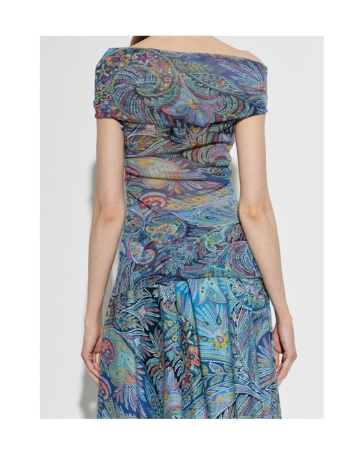 Etro Blue Draped Off-Shoulder Top