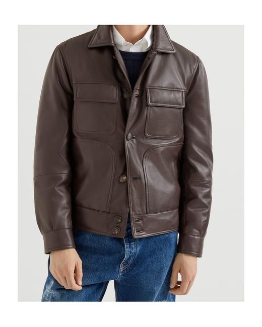 Brunello Cucinelli Brown Nappa Leather Outerwear Jacket With Thermore Padding for men