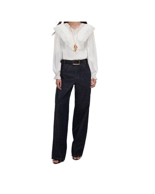 Self-Portrait Blue Cream Viscose Lace Top