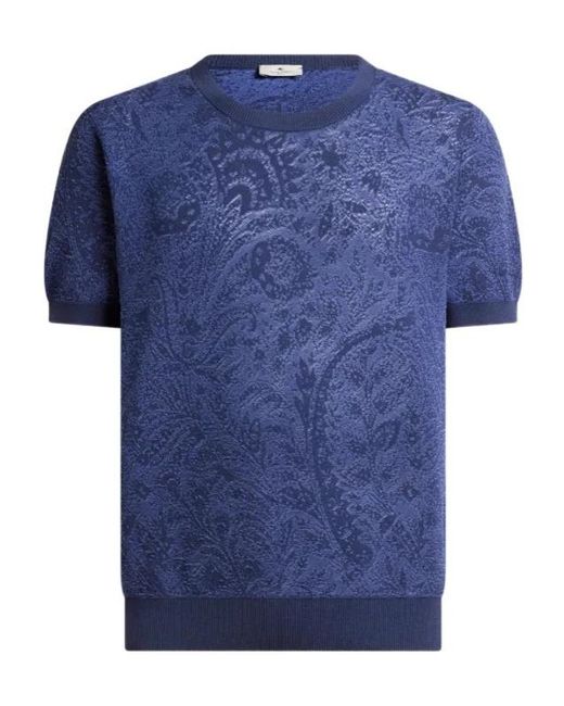 Etro Blue Knit Cotton T-Shirt With Floral Paisley Motif for men