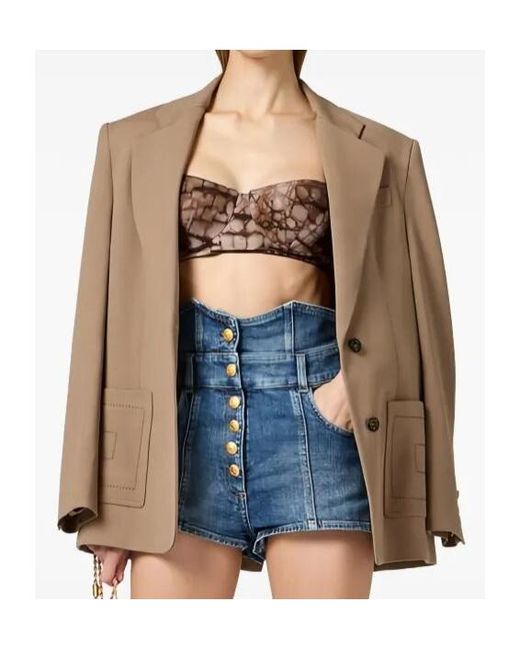 Elisabetta Franchi Natural Single Breasted Logo Thread-Embroidered Blazer