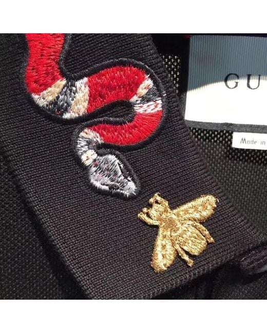 Gucci Black Polo With Snake Embroidery for men