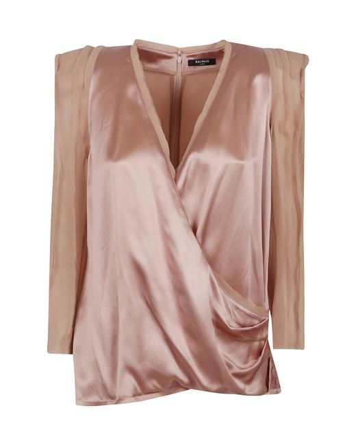 Balmain Pink Shoulder-Pad Satin Blouse
