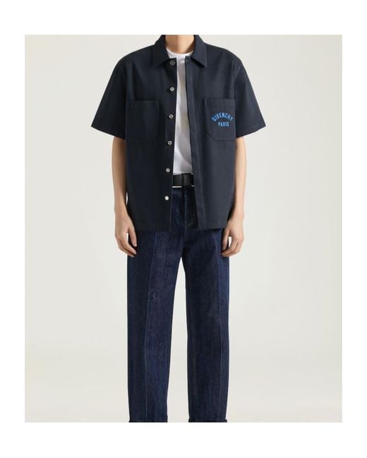 Givenchy Blue Paris Signature Embroidered Short-Sleeved Shirt for men