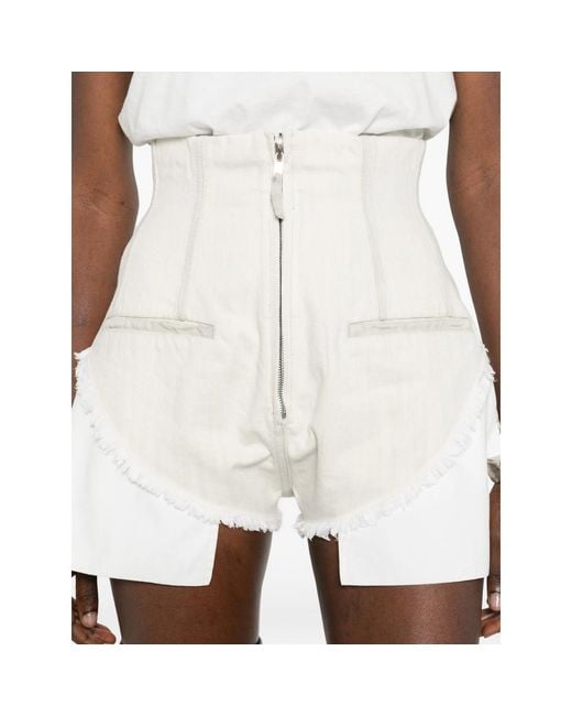Rick Owens White Frayed Hem Zipped Shorts