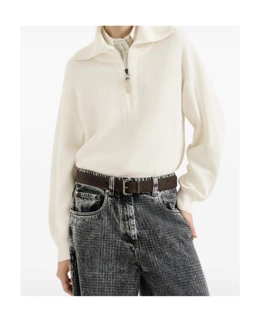 Brunello Cucinelli White Cotton Half-Zip Sweater