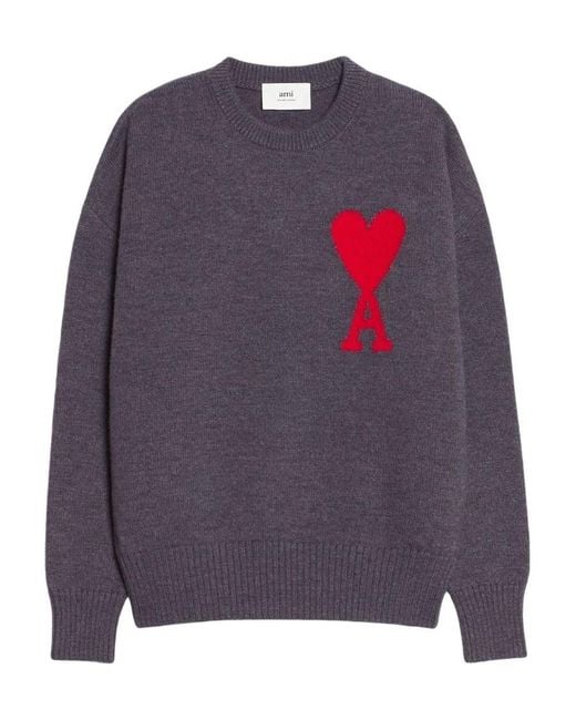 AMI Gray Ami De Coeur Crewneck Knitted Jumper for men