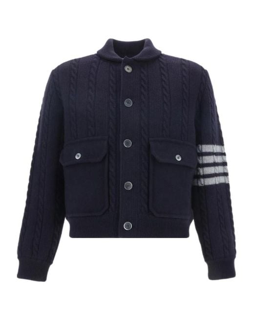Thom Browne Blue Bar Stripe Cable-Knit Bomber Jacket for men