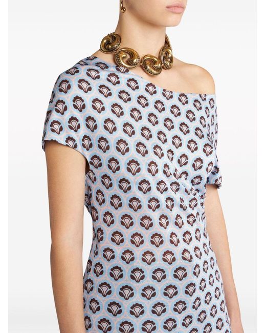 Etro Blue Pattern-Printed Off-Shoulder Asymmetric Top