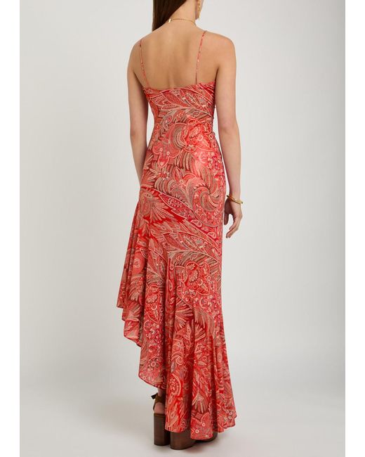 Etro Red Printed Asymmetric Chiffon Maxi Dress