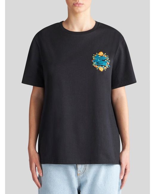 Etro Black Pegaso-Embroidered Cotton T-Shirt