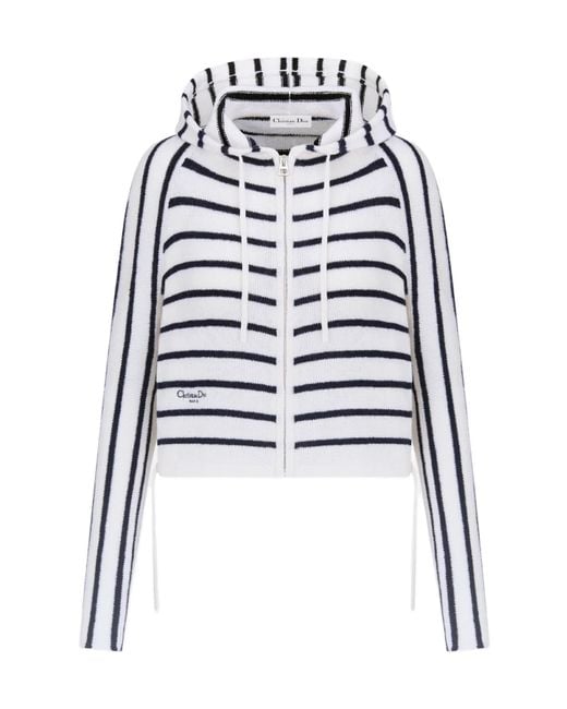 Dior Christian Striped Zip-Up Drawstring Cardigan in White | Lyst