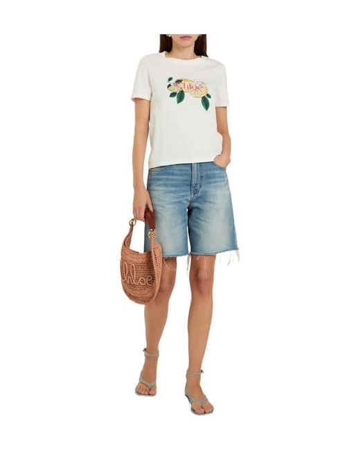 Chloé Blue Versatile High-Rise Frayed Denim Bermuda Shorts