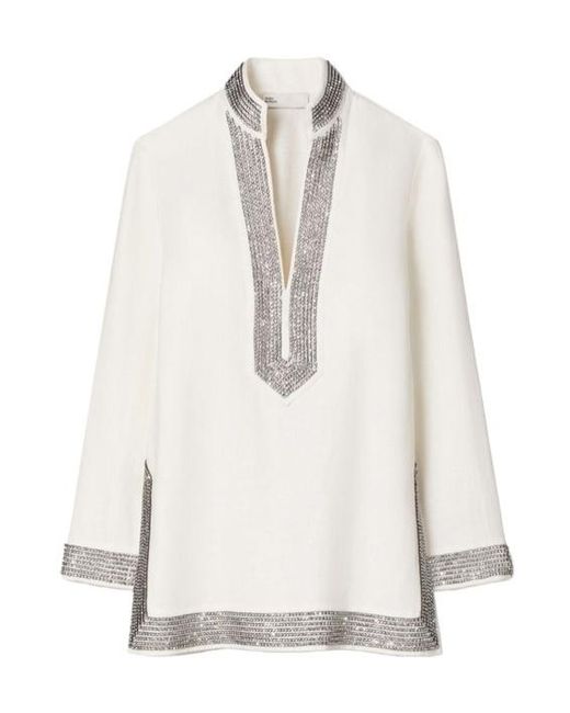 Tory Burch White Embellished Linen Tunic