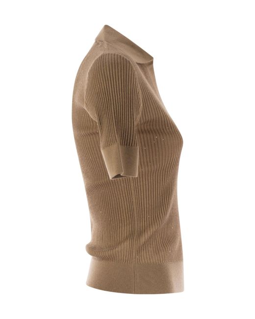 Max Mara Brown Uberta Wool And Silk Polo Shirt With Sequins