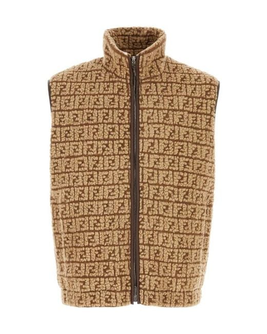 Fendi Brown High Neck Zip-Up Teddy Vest for men