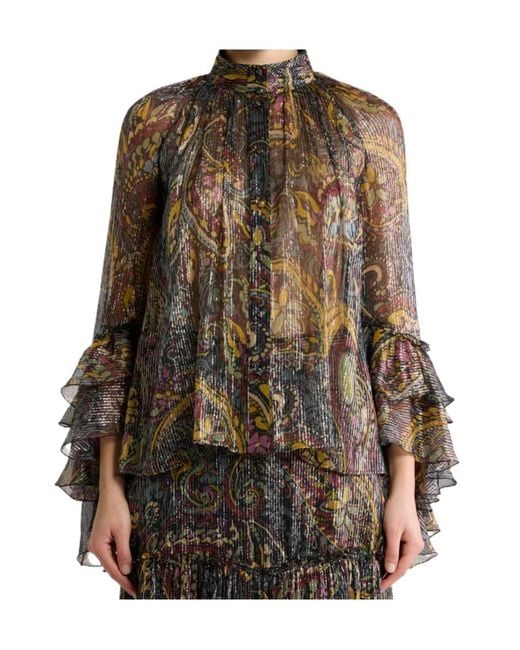 Etro Brown Silk Shirt With Ruffle And Striped Floral Paisley Motif