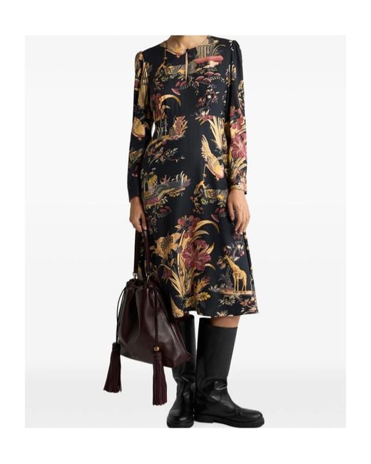 Etro Black Crepe Midi Dress With Flower And Animal Motif