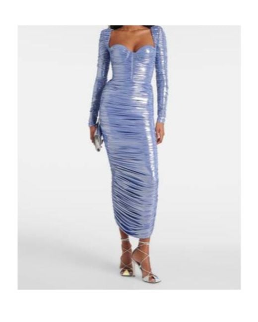 Alex Perry Blue Ruched Lamé Midi Dress