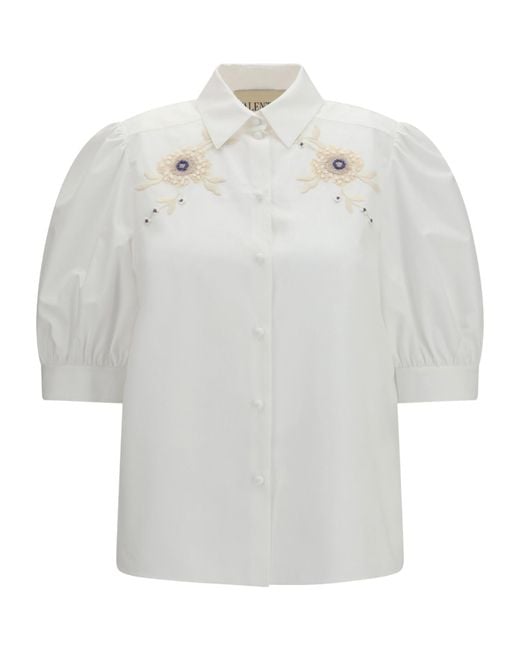 Valentino White Floral Embellished Puff-Sleeved Shirt