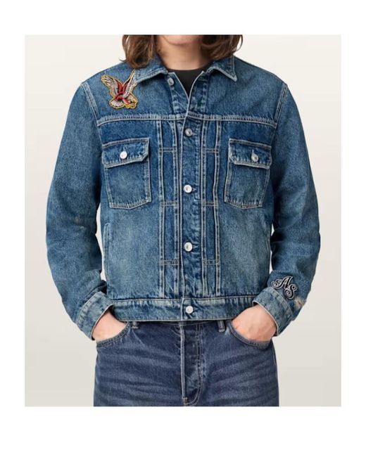 AllSaints Blue Exile Slim Fit Denim Patch Jacket for men