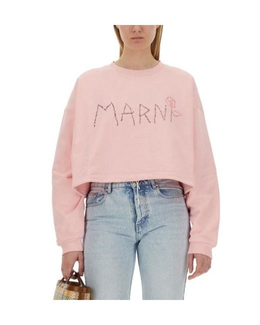 Marni Pink Logo Detailed Cropped Sweatshirt