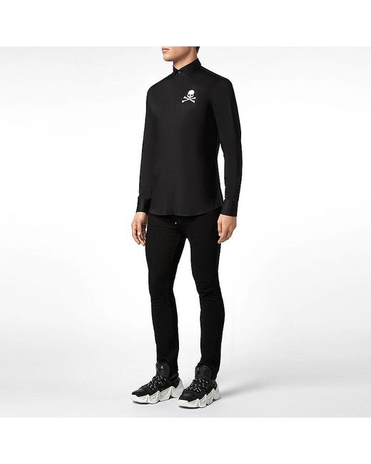 Philipp Plein Black Skull Logo Long-Sleeved Shirt for men