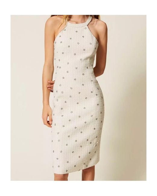 Twinset White Floral-Embroidery Midi Dress