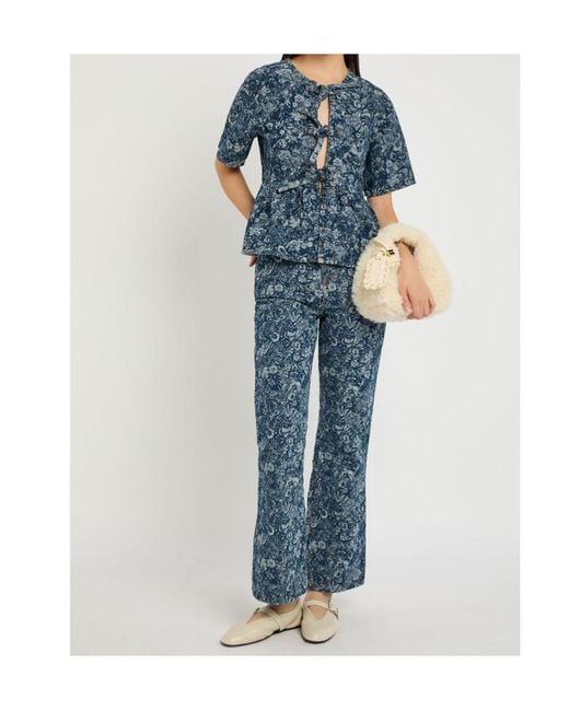 Ganni Blue Betzy Floral-Jacquard Bootcut Jeans