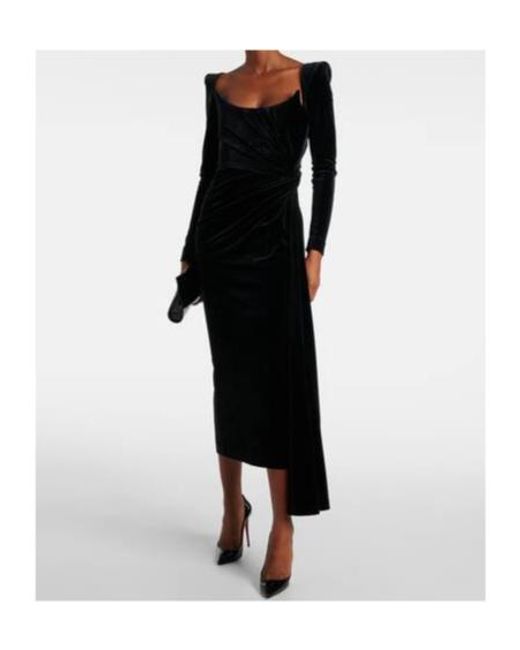 Alex Perry Black Draped Velvet Midi Dress