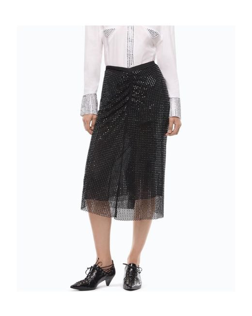 Pinko Black Mesh-Effect Calf-Length Skirt With Rhinestones