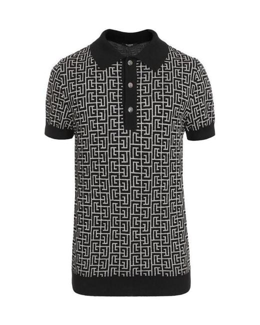 Balmain Black Bicolor Wool And Linen Polo With Monogram for men