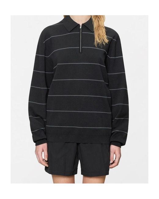 Rains Black Striped Knit Long-Sleeved Polo Shirt