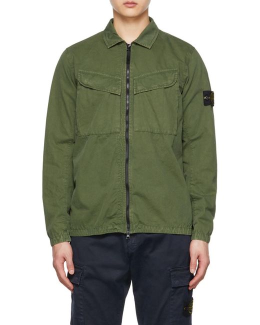 Stone Island Green Compass-Logo Zip-Up Shirt Jacket for men