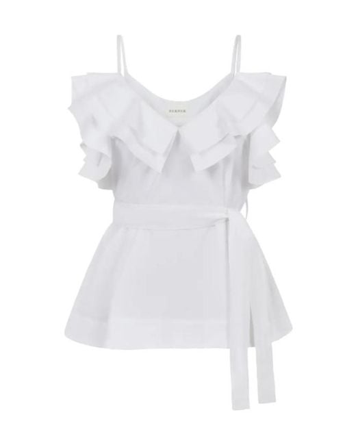 P.A.R.O.S.H. White Canyox Ruffled Belted Top