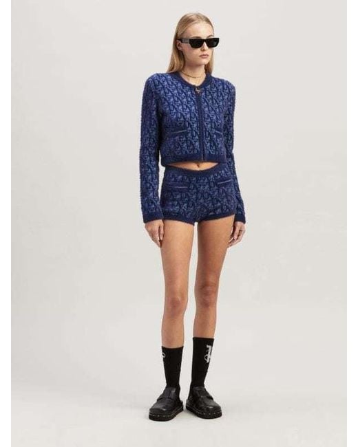 Palm Angels Blue Monogram-Jacquard Zip-Up Cardigan
