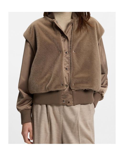 Boss Brown Boss Removable Faux-Fur Gilet Satin Bomber Jacket