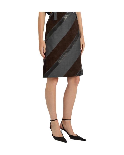 Versace Brown Panelled Leather And Mohair-Blend Knee-Length Skirt
