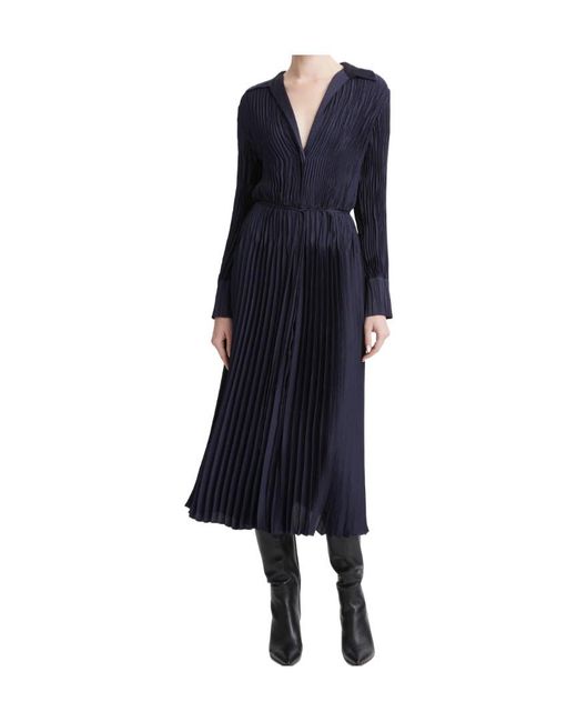 Vince Blue Long-Sleeve Pleated Shirtdress