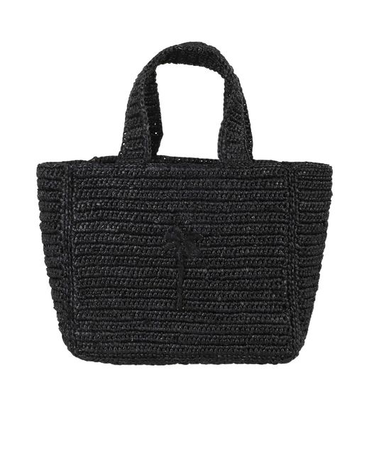 Manebí Black Palm-Tree Embroidered Raffia Tote Bag
