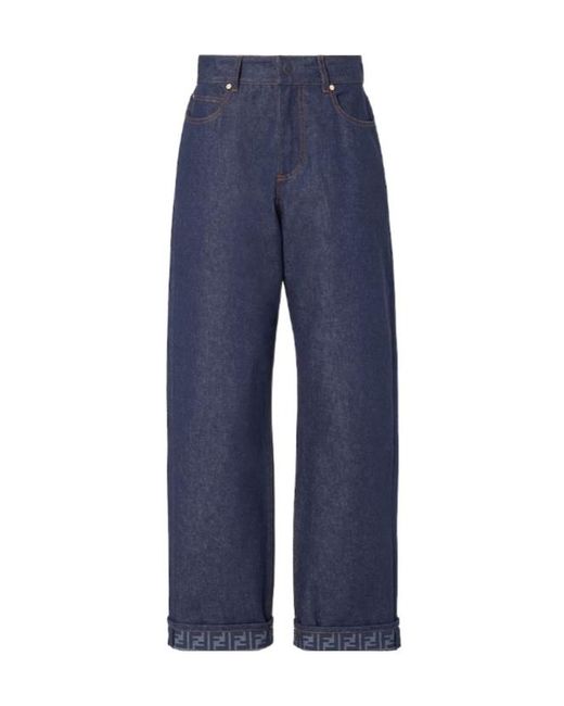 Fendi Blue Logo-Cuff Wide-Leg Jeans