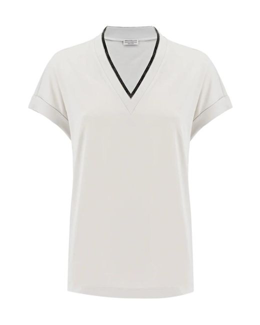 Brunello Cucinelli White Monili-Chain V-Neck T-Shirt