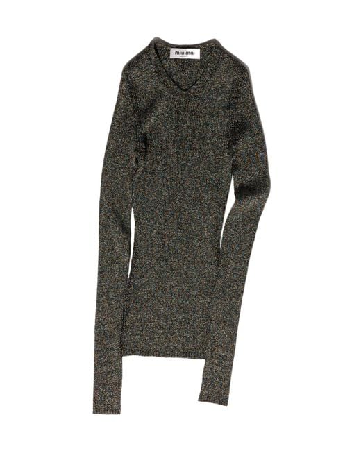 Miu Miu Gray Lurex-Detailed V-Neck Jumper