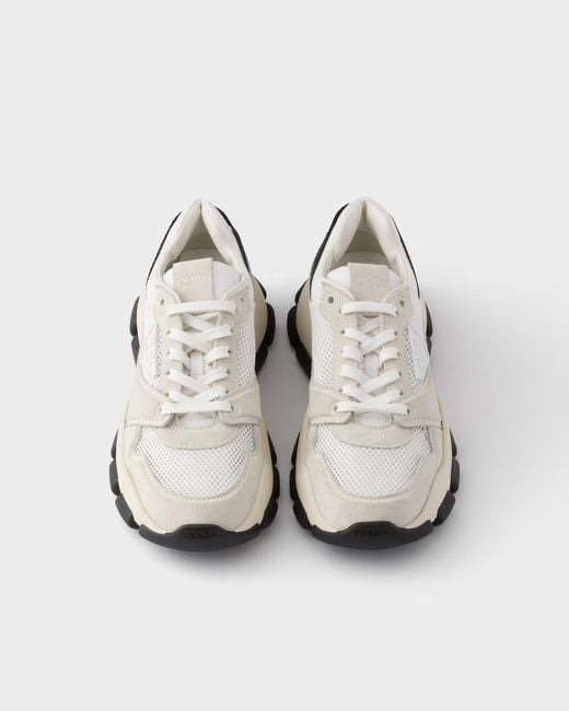 Prada White Mesh Fabric And Suede Sneakers