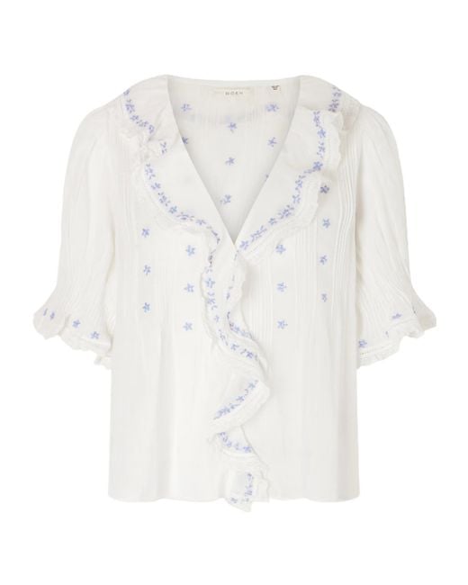 Doen White Hettie Ruffled Floral-Embroidered Blouse