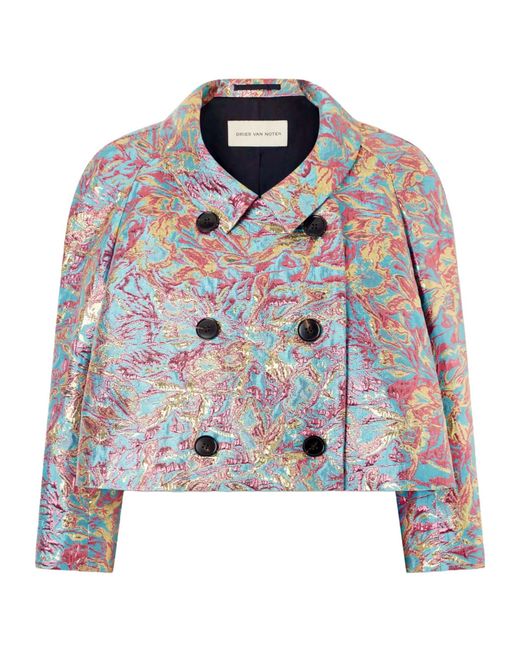 Dries Van Noten Blue Double-Breasted Floral-Jacquard Jacket